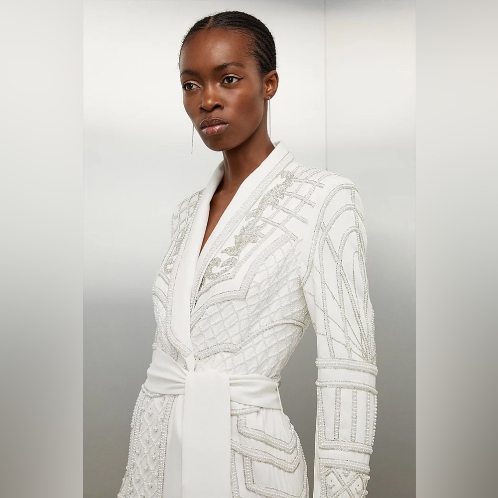 Karen Millen Pearl Embellished Woven Ivory Maxi Blazer Dress (NWT) - Picture 3 of 9